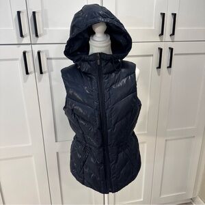 Espirit Navy Blue shiny Y2K Hooded Puffer Vest Womens sz 12 down feather filled